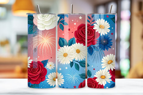 3D Fourth of July Floral Seamless Tumbler Wrap, Festive Flowers and Fireworks, seamless tumbler wrap, fourth july design, festive floral wrap, watercolor fireworks design, 20oz skinny tumbler, tapered tumbler wrap Sublimation FloridPrintables 