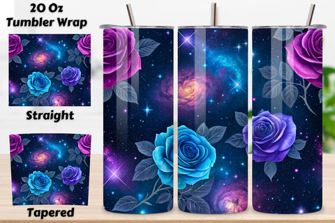 3D Galaxy Rose Seamless Tumbler Wrap, Cosmic Purple and Blue Roses, seamless tumbler wrap, galaxy rose design, cosmic floral wrap, purple blue roses, watercolor galaxy design, 20oz skinny tumbler, tapered tumbler wrap, straight tumbler design Sublimation FloridPrintables 