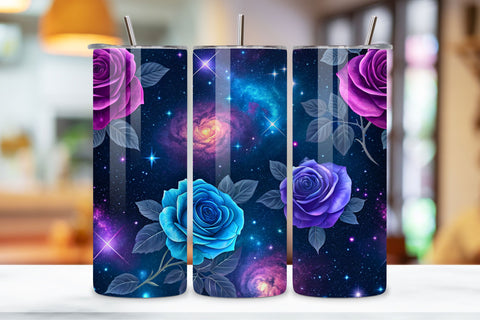 3D Galaxy Rose Seamless Tumbler Wrap, Cosmic Purple and Blue Roses, seamless tumbler wrap, galaxy rose design, cosmic floral wrap, purple blue roses, watercolor galaxy design, 20oz skinny tumbler, tapered tumbler wrap, straight tumbler design Sublimation FloridPrintables 