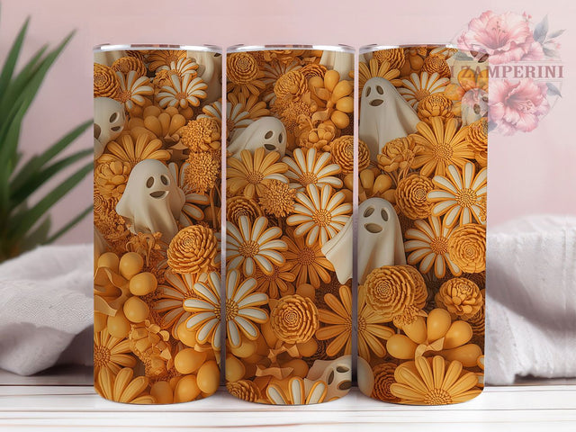 3D Ghost Halloween Flowers Tumbler, Halloween Flowers Wrap, Spooky Floral Cup, Ghost And Flowers Design, 20oz Tumbler Wrap, Halloween Sublimation, Cute Spooky Drinkware Sublimation Li Zamperini 