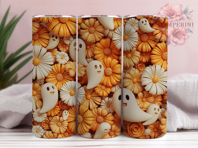 3D Ghost Halloween Flowers Tumbler, Halloween Flowers Wrap, Spooky Floral Cup, Ghost And Flowers Design, 20oz Tumbler Wrap, Halloween Sublimation, Cute Spooky Drinkware Sublimation Li Zamperini 