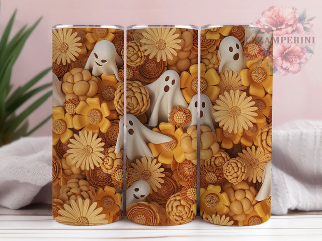 3D Ghost Halloween Flowers Tumbler, Halloween Flowers Wrap, Spooky Floral Cup, Ghost And Flowers Design, 20oz Tumbler Wrap, Halloween Sublimation, Cute Spooky Drinkware Sublimation Li Zamperini 