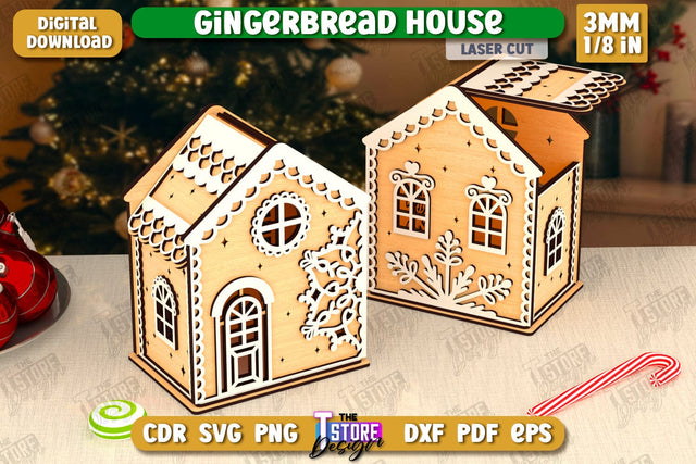 3D Gingerbread Decorative House Laser Cut, Christmas Village Houses SVG, Miniature House SVG, Christmas Decor SVG The T Store Design 