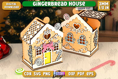 3D Gingerbread Decorative House Laser Cut, Christmas Village Houses SVG, Miniature House SVG, Christmas Decor SVG The T Store Design 