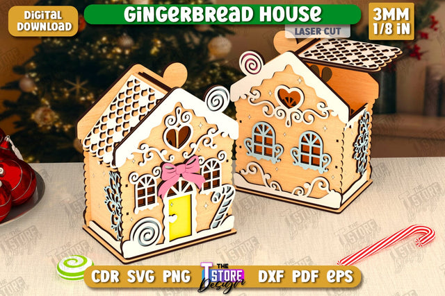 3D Gingerbread Decorative House Laser Cut, Christmas Village Houses SVG, Miniature House SVG, Christmas Decor SVG The T Store Design 