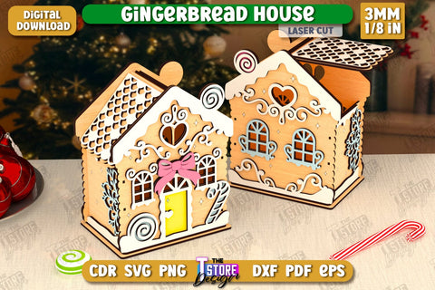 3D Gingerbread Decorative House Laser Cut, Christmas Village Houses SVG, Miniature House SVG, Christmas Decor SVG The T Store Design 
