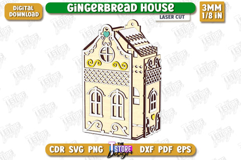 3D Gingerbread Decorative House Laser Cut, Christmas Village Houses SVG, Miniature House SVG, Christmas Decor SVG The T Store Design 