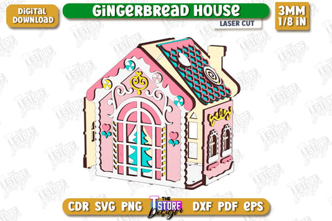 3D Gingerbread Decorative House Laser Cut, Christmas Village Houses SVG, Miniature House SVG, Christmas Decor SVG The T Store Design 