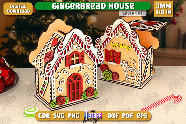 3D Gingerbread Decorative House Laser Cut, Christmas Village Houses SVG, Miniature House SVG, Christmas Decor SVG The T Store Design 