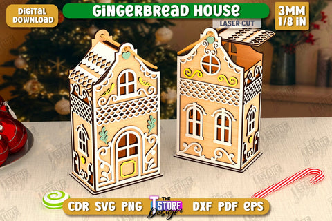 3D Gingerbread Decorative House Laser Cut, Christmas Village Houses SVG, Miniature House SVG, Christmas Decor SVG The T Store Design 