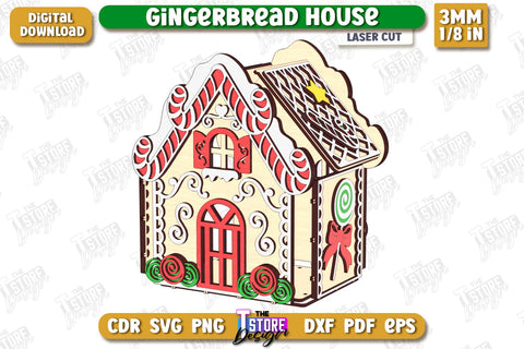 3D Gingerbread Decorative House Laser Cut, Christmas Village Houses SVG, Miniature House SVG, Christmas Decor SVG The T Store Design 