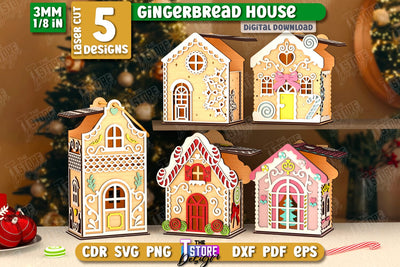 3D Gingerbread Decorative Houses Laser Cut Bundle, Christmas Village Houses SVG, Miniature House SVG, Christmas Decor SVG The T Store Design 