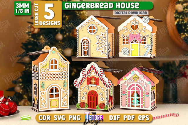3D Gingerbread Decorative Houses Laser Cut Bundle, Christmas Village Houses SVG, Miniature House SVG, Christmas Decor SVG The T Store Design 