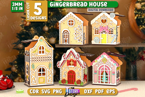 3D Gingerbread Decorative Houses Laser Cut Bundle, Christmas Village Houses SVG, Miniature House SVG, Christmas Decor SVG The T Store Design 