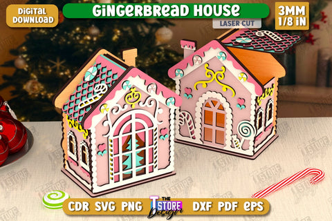 3D Gingerbread Decorative Houses Laser Cut Bundle, Christmas Village Houses SVG, Miniature House SVG, Christmas Decor SVG The T Store Design 