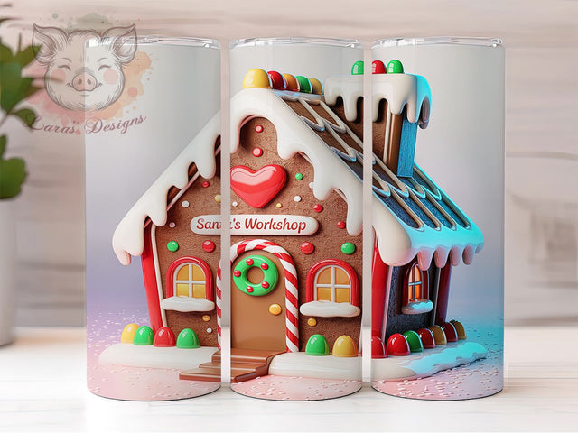 3D Gingerbread House Christmas Tumbler, Santa's Workshop Wrap, 3D Christmas Sublimation, Inflated Holiday Design, 20Oz Skinny Tumbler Wrap, Festive Gingerbread Mug, Cute Christmas Cottage Sublimation Lara' s Designs 