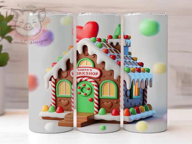 3D Gingerbread House Christmas Tumbler, Santa's Workshop Wrap, 3D Christmas Sublimation, Inflated Holiday Design, 20Oz Skinny Tumbler Wrap, Festive Gingerbread Mug, Cute Christmas Cottage Sublimation Lara' s Designs 