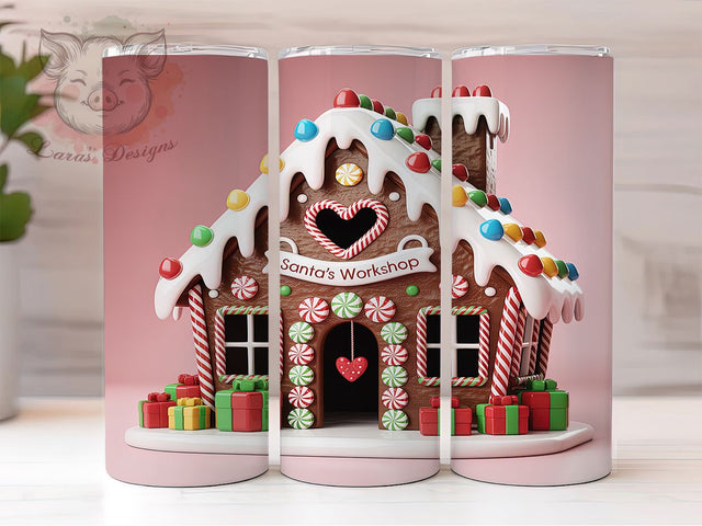 3D Gingerbread House Christmas Tumbler, Santa's Workshop Wrap, 3D Christmas Sublimation, Inflated Holiday Design, 20Oz Skinny Tumbler Wrap, Festive Gingerbread Mug, Cute Christmas Cottage Sublimation Lara' s Designs 