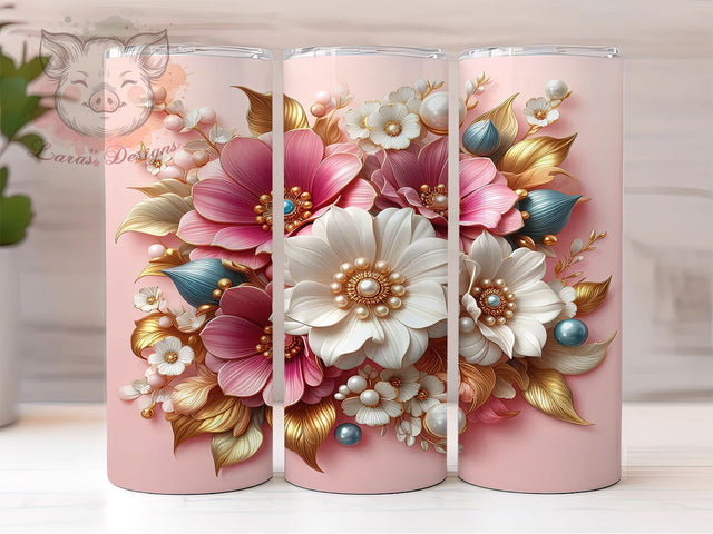 3D Glass Flower Pink White 20oz Tumbler Wrap, Elegant Glass Effect Tumbler, Transparent Flower 20oz Design, Seamless Floral Sublimation, Shimmer Glass Flowers Tumbler Sublimation Lara' s Designs 
