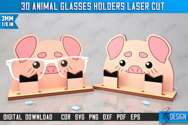 3D Glasses Holder Laser Cut | Eyeglass Stand | Pig Face | CNC File SVG Fly Design 