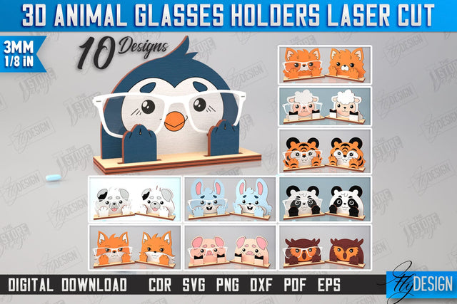 3D Glasses Holders Laser Cut Bundle | Eyeglass Stand | Animal Face | CNC Files SVG Fly Design 