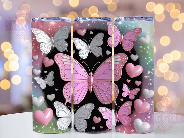 3D Glitter Butterfly Plaid Tumbler, 3D Hearts Design, Pink Plaid Tumbler, 20Oz Sublimation, Sparkly Butterfly Art, Cute Pink Wrap, Romantic Plaid Printable Sublimation SvggirlplusArt 