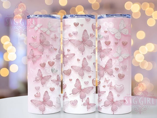 3D Glitter Butterfly Plaid Tumbler, 3D Hearts Design, Pink Plaid Tumbler, 20Oz Sublimation, Sparkly Butterfly Art, Cute Pink Wrap, Romantic Plaid Printable Sublimation SvggirlplusArt 