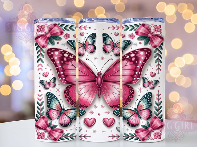 3D Glitter Butterfly Valentine Tumbler, 3D Hearts Wrap, Pink Plaid Cup, Romantic Sublimation Design, Valentine Gift Tumbler, Sparkle Butterfly Wrap, Cute Hearts Cup Sublimation SvggirlplusArt 