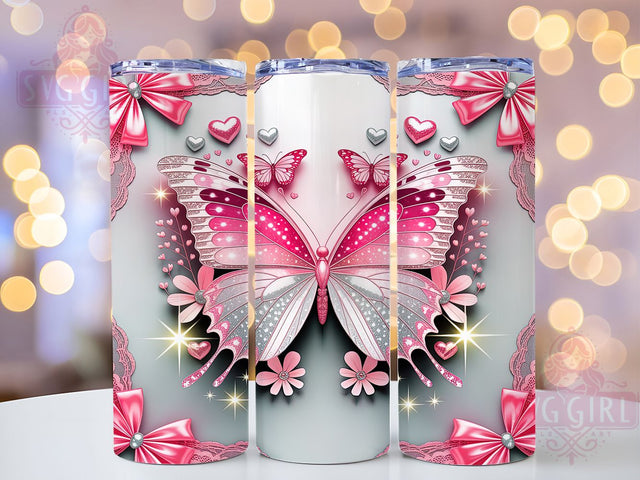 3D Glitter Butterfly Valentine Tumbler, 3D Hearts Wrap, Pink Plaid Cup, Romantic Sublimation Design, Valentine Gift Tumbler, Sparkle Butterfly Wrap, Cute Hearts Cup Sublimation SvggirlplusArt 