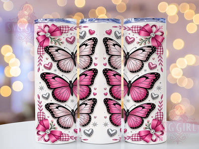3D Glitter Butterfly Valentine Tumbler, 3D Hearts Wrap, Pink Plaid Cup, Romantic Sublimation Design, Valentine Gift Tumbler, Sparkle Butterfly Wrap, Cute Hearts Cup Sublimation SvggirlplusArt 