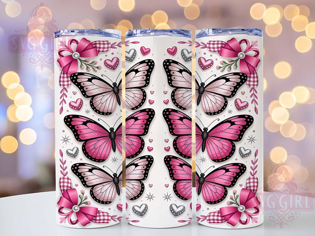 3D Glitter Butterfly Valentine Tumbler, 3D Hearts Wrap, Pink Plaid Cup, Romantic Sublimation Design, Valentine Gift Tumbler, Sparkle Butterfly Wrap, Cute Hearts Cup Sublimation SvggirlplusArt 