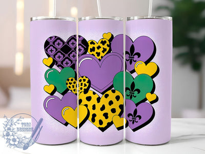 3D Glitter Mardi Gras Hearts Tumbler, Purple Glitter Carnival Wrap, Inflated Hearts Cup, 20oz Sublimation Wrap, New Orleans Celebration Tumbler, Festive Glitter Heart Design Cup, Mardi Gras Love Theme Wr Sublimation ToriDesigns 