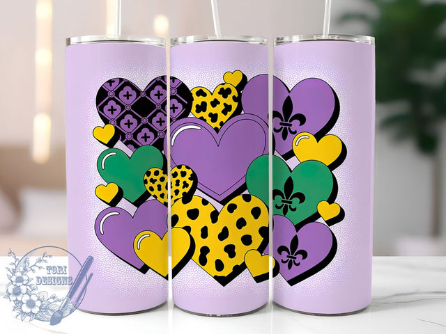 3D Glitter Mardi Gras Hearts Tumbler, Purple Glitter Carnival Wrap, Inflated Hearts Cup, 20oz Sublimation Wrap, New Orleans Celebration Tumbler, Festive Glitter Heart Design Cup, Mardi Gras Love Theme Wr Sublimation ToriDesigns 