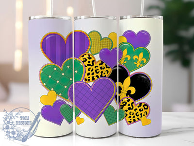 3D Glitter Mardi Gras Hearts Tumbler, Purple Glitter Carnival Wrap, Inflated Hearts Cup, 20oz Sublimation Wrap, New Orleans Celebration Tumbler, Festive Glitter Heart Design Cup, Mardi Gras Love Theme Wr Sublimation ToriDesigns 
