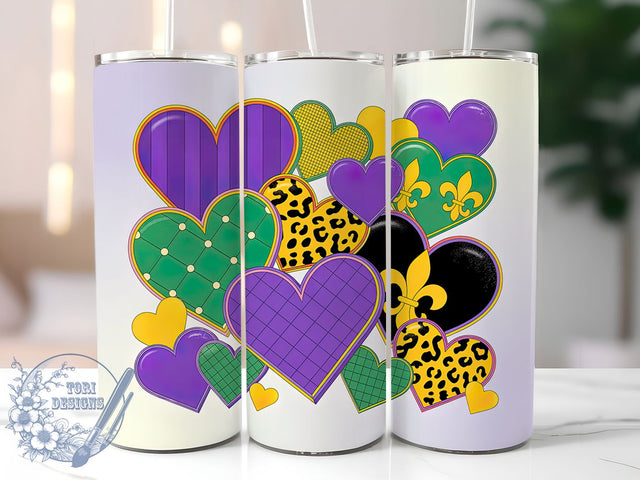 3D Glitter Mardi Gras Hearts Tumbler, Purple Glitter Carnival Wrap, Inflated Hearts Cup, 20oz Sublimation Wrap, New Orleans Celebration Tumbler, Festive Glitter Heart Design Cup, Mardi Gras Love Theme Wr Sublimation ToriDesigns 