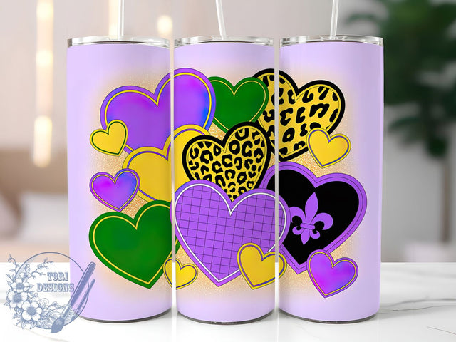 3D Glitter Mardi Gras Hearts Tumbler, Purple Glitter Carnival Wrap, Inflated Hearts Cup, 20oz Sublimation Wrap, New Orleans Celebration Tumbler, Festive Glitter Heart Design Cup, Mardi Gras Love Theme Wr Sublimation ToriDesigns 