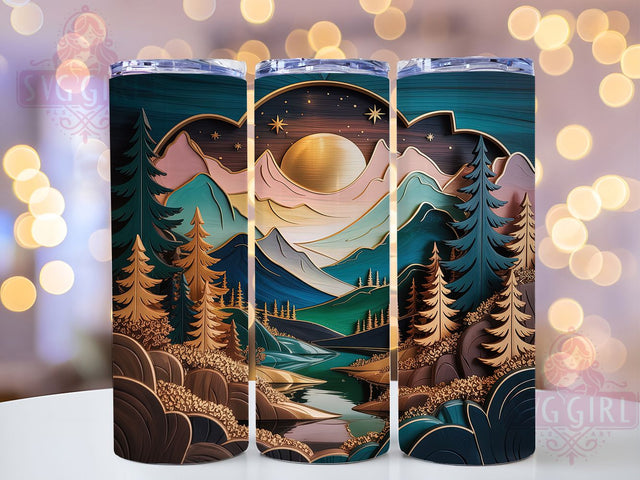 3D Glittery Winter Landscape Tumbler, Glittery Wood Wrap, Carved Winter Scene Cup, Holiday Sublimation Design, 20Oz Skinny Tumbler Wrap, Festive Winter Mug, Rustic Christmas Design Sublimation SvggirlplusArt 
