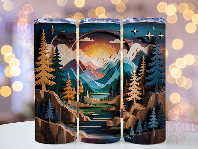3D Glittery Winter Landscape Tumbler, Glittery Wood Wrap, Carved Winter Scene Cup, Holiday Sublimation Design, 20Oz Skinny Tumbler Wrap, Festive Winter Mug, Rustic Christmas Design Sublimation SvggirlplusArt 