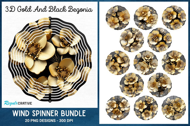 3D Gold And Black Begonia Wind Spinner Bundle Sublimation Regulrcrative 