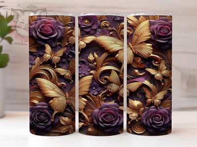 3D Gold Butterfly 20oz Tumbler, Purple Floral Design, Elegant Butterfly Sublimation, 20oz Tumbler PNG Wrap, Luxury Cup Wrap, Artistic Sublimation Design, Digital Butterfly Floral Wrap Sublimation Lara' s Designs 