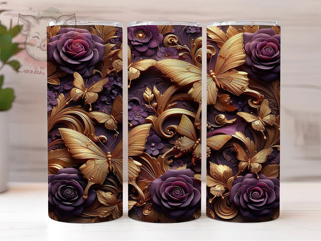 3D Gold Butterfly 20oz Tumbler, Purple Floral Design, Elegant Butterfly Sublimation, 20oz Tumbler PNG Wrap, Luxury Cup Wrap, Artistic Sublimation Design, Digital Butterfly Floral Wrap Sublimation Lara' s Designs 