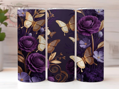 3D Gold Butterfly 20oz Tumbler, Purple Floral Design, Elegant Butterfly Sublimation, 20oz Tumbler PNG Wrap, Luxury Cup Wrap, Artistic Sublimation Design, Digital Butterfly Floral Wrap Sublimation Lara' s Designs 