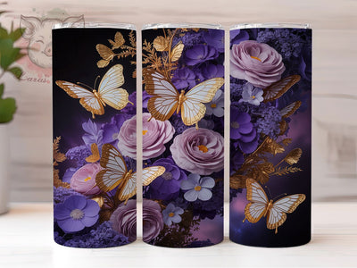 3D Gold Butterfly 20oz Tumbler, Purple Floral Design, Elegant Butterfly Sublimation, 20oz Tumbler PNG Wrap, Luxury Cup Wrap, Artistic Sublimation Design, Digital Butterfly Floral Wrap Sublimation Lara' s Designs 