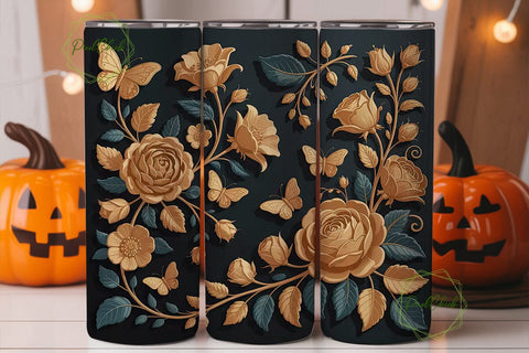 3D Gold Floral Butterfly 20oz Tumbler Sublimation PixelChick 