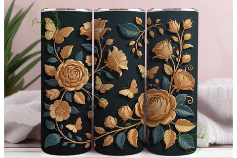 3D Gold Floral Butterfly 20oz Tumbler Sublimation PixelChick 