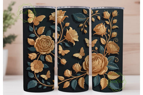 3D Gold Floral Butterfly 20oz Tumbler Sublimation PixelChick 