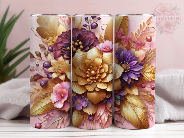 3D Gold Flower Tumbler Wrap, Gold Floral PNG, Instant Digital Download PNG, Straight & Tapered Tumbler Wrap PNG Sublimation Li Zamperini 