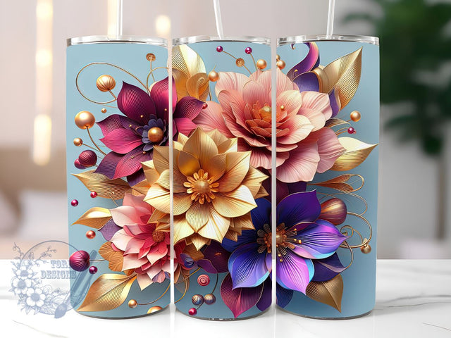 3D Gold Flower Tumbler Wrap, Gold Floral Tumbler PNG, Straight & Tapered Tumbler Wrap PNG, Instant Digital Download PNG, Sublimation Designs Downloads Sublimation ToriDesigns 