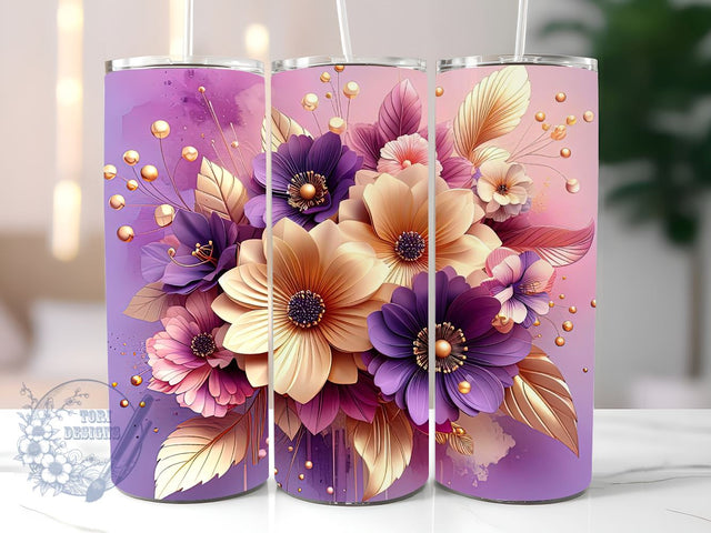 3D Gold Flower Tumbler Wrap, Gold Floral Tumbler PNG, Straight & Tapered Tumbler Wrap PNG, Instant Digital Download PNG, Sublimation Designs Downloads Sublimation ToriDesigns 
