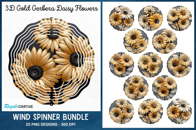 3D Gold Gerbera Daisy Flowers Wind Spinner Bundle Sublimation Regulrcrative 